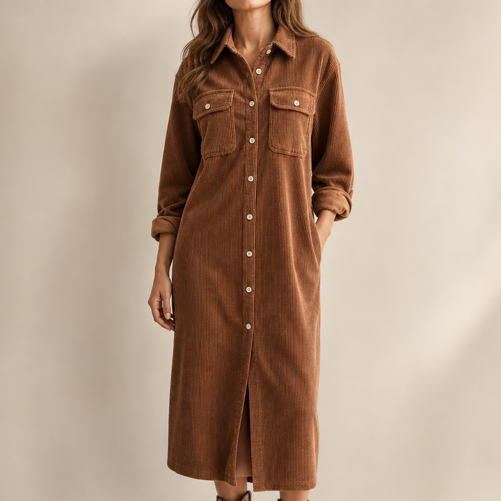 Corvella – Ribbed Corduroy Button-Front Shirt Dress