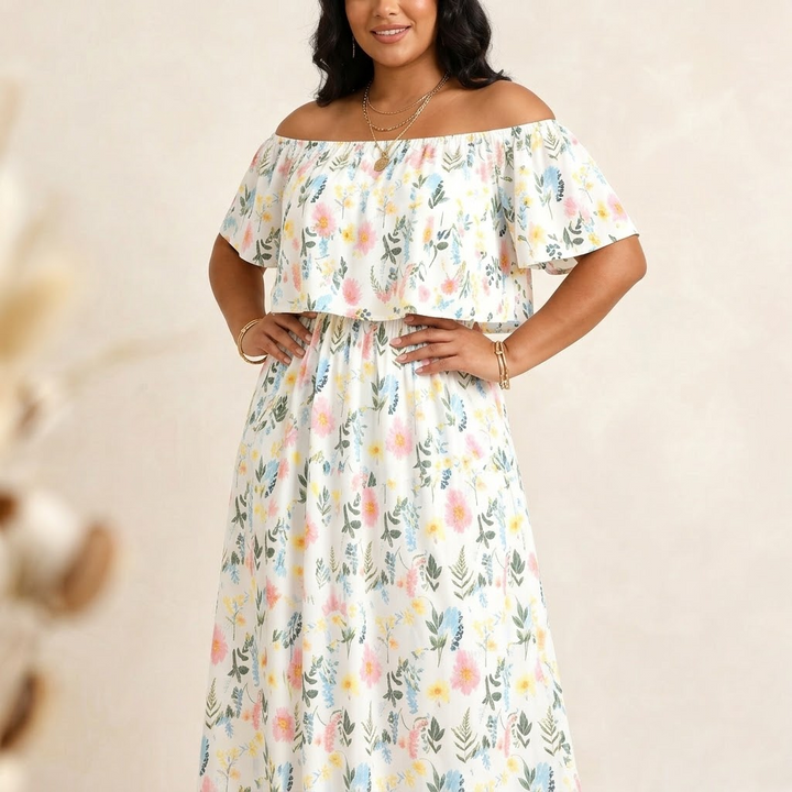 Florevia™ – Off-Shoulder Floral Maxi Dress with Hidden Pockets