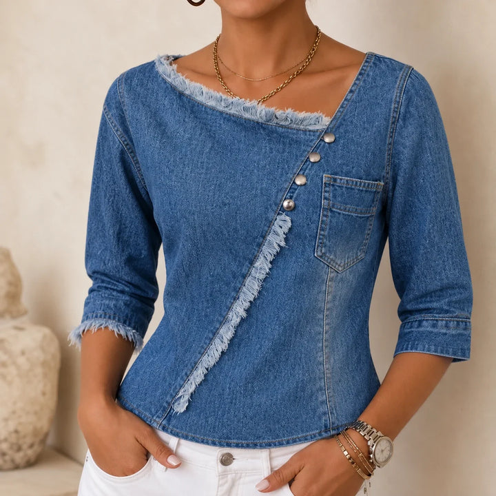 Slantelle – Asymmetrical Buttoned Raw-Edge Denim Blouse