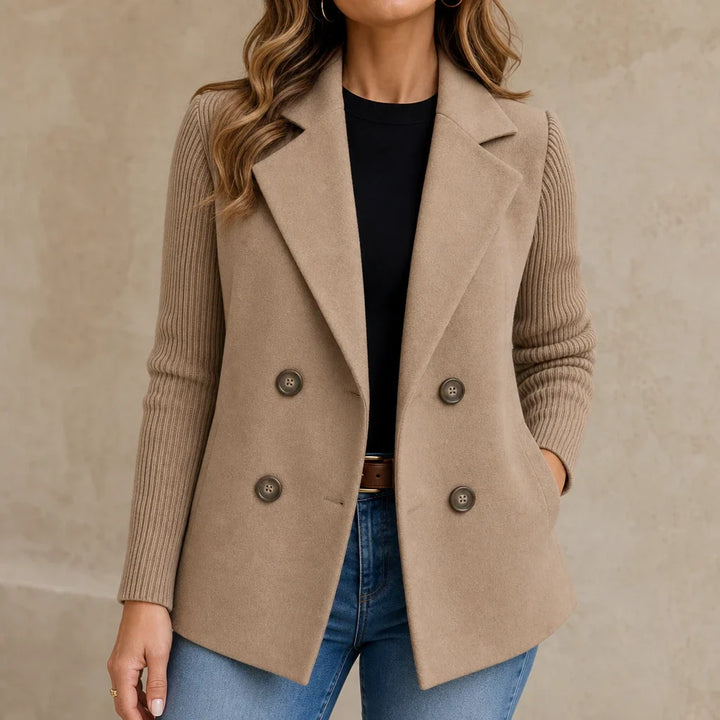 Celeste – Suede-Look Double-Breasted Knit-Sleeve Jacket