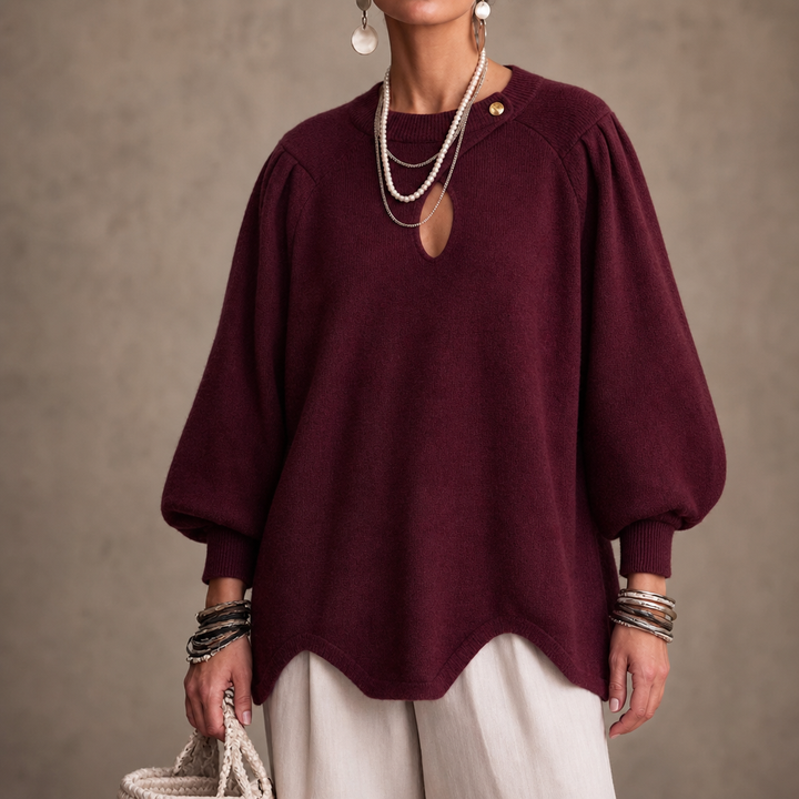 Wearbella – Teardrop Cutout Lantern Sleeve Knit Top