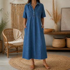 Denimly – Pocketed Shirt Collar Denim Midi Dress