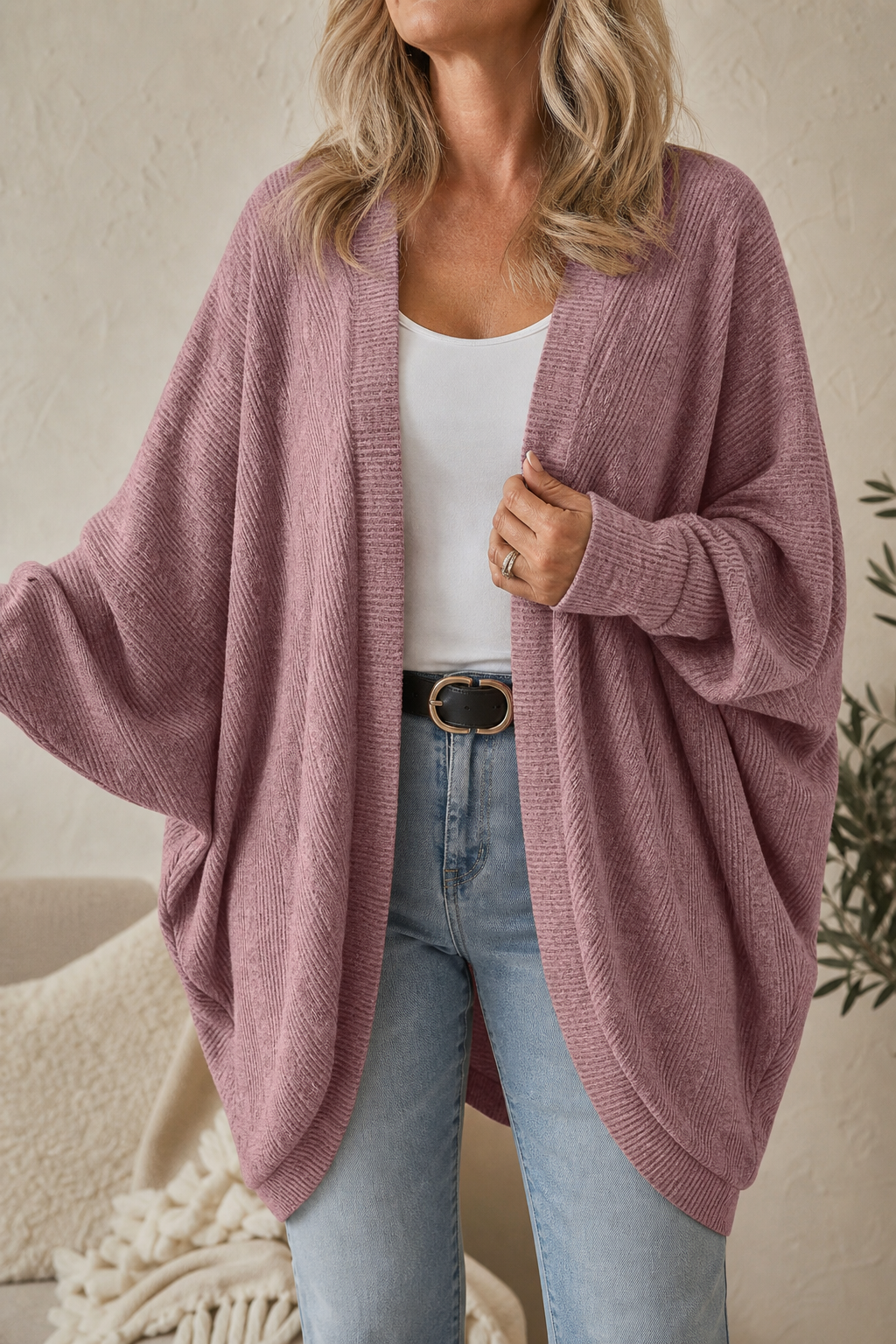 Wearbella – Batwing Sleeve Open-Front Knit Cardigan