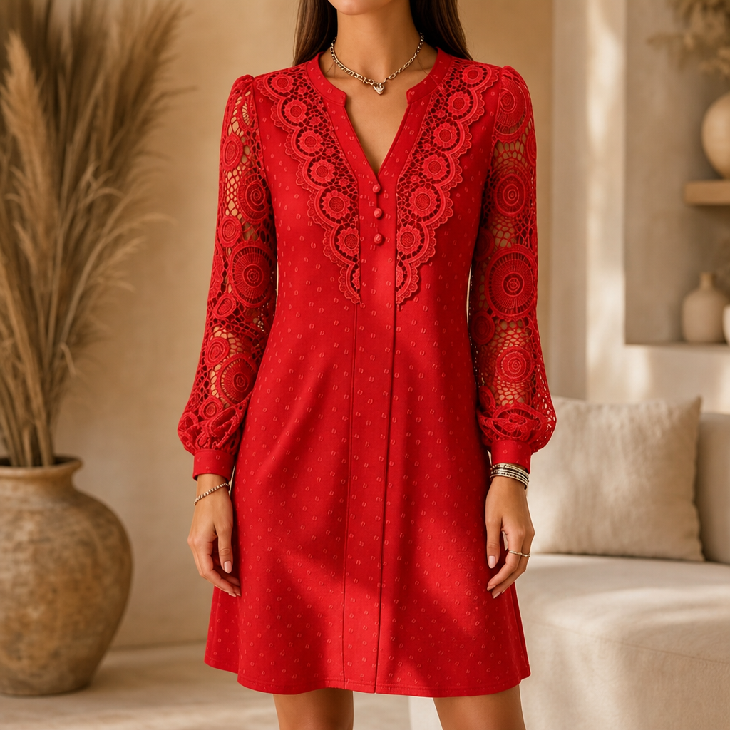 Vellora – V-Neck Lace Lantern-Sleeve A-Line Dress