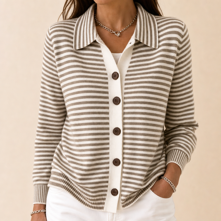 Wearbella – Striped Collared Button-Front Cardigan