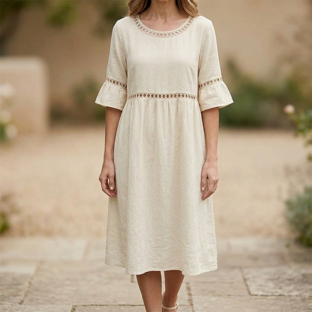 Solenne – Women's Breathable Cotton Linen Lace Midi Dress