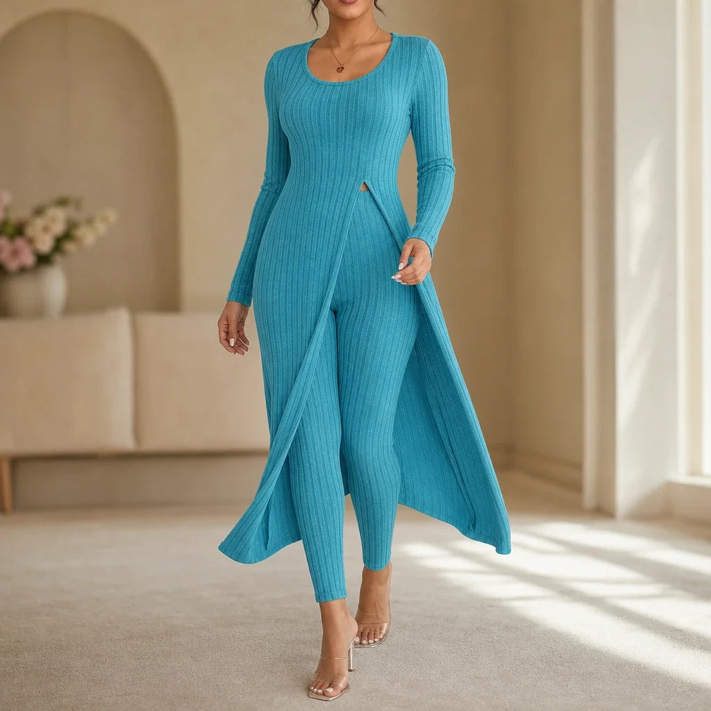 Ribella – Ribbed Side-Slit Tunic And Slim-Fit Pants Set