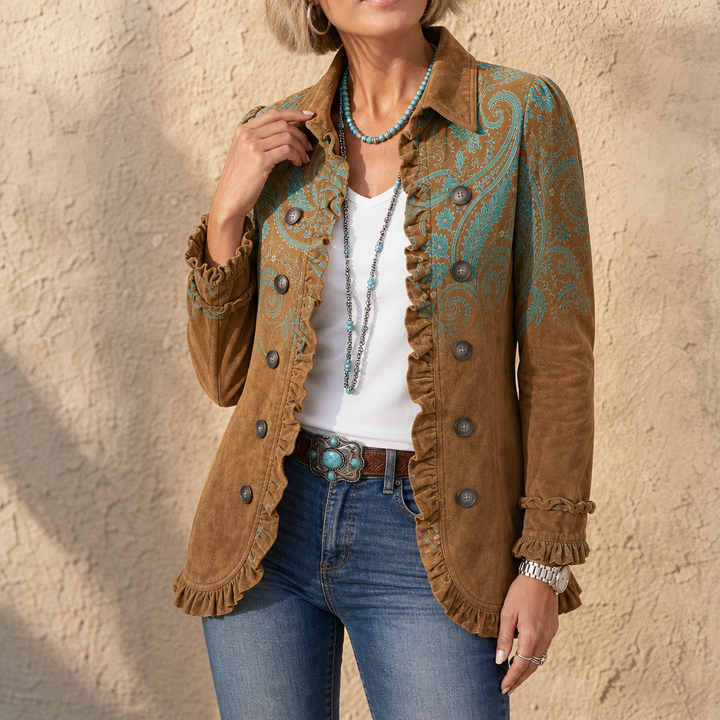 Paisley Belle – Ruffle-Trim Paisley Open-Front Jacket