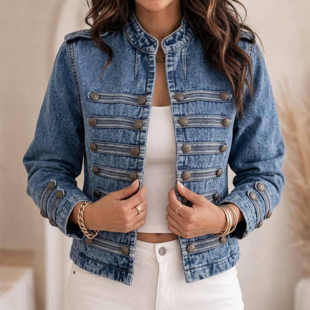 Fielden – Standing Collar Multi-Button Denim Jacket