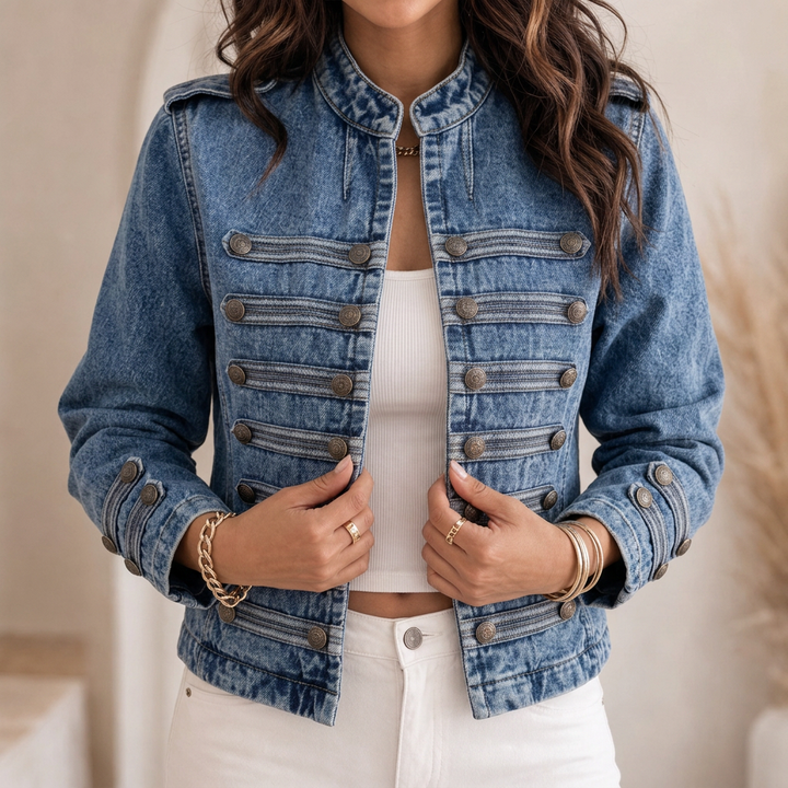 Fielden – Standing Collar Multi-Button Denim Jacket