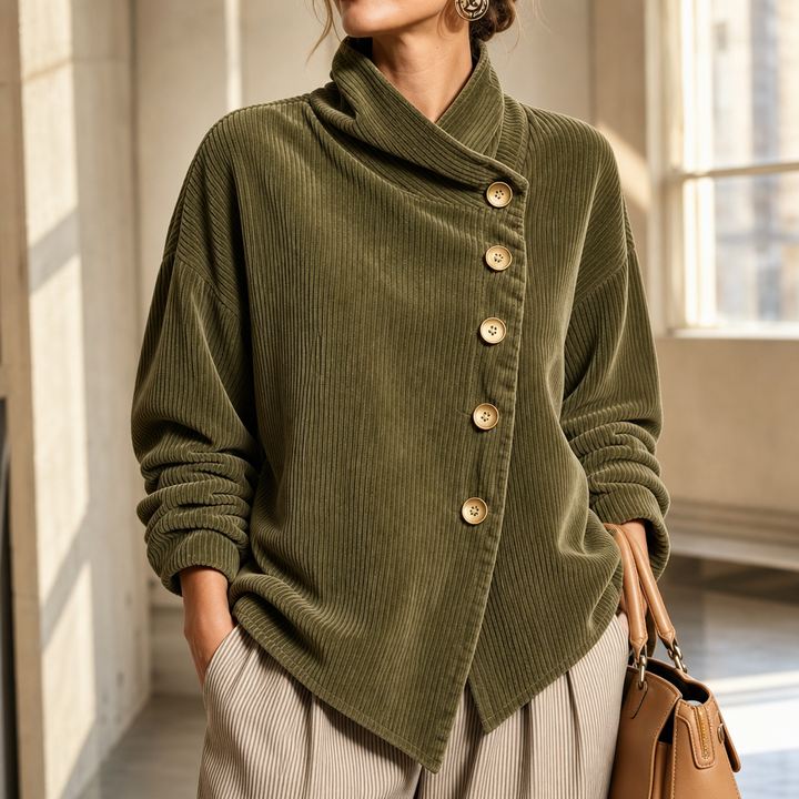 Foldover – Asymmetric Placket Funnel Neck Corduroy Top