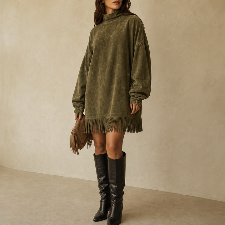 Swayelle – High-Neck Faux-Suede Fringe Mini Dress