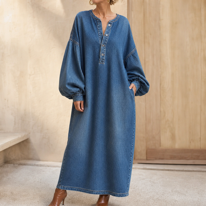 Denimelle – Long-Sleeve Denim-Look Maxi Dress
