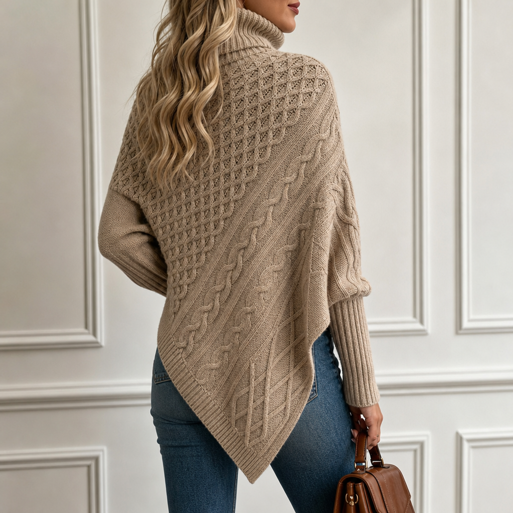 Cablelle – Asymmetric Cable-Knit Turtleneck Poncho