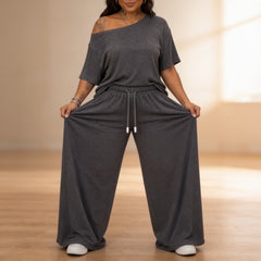 Draperline – Off-Shoulder Asymmetrical Top And Wide-Leg Pants Set