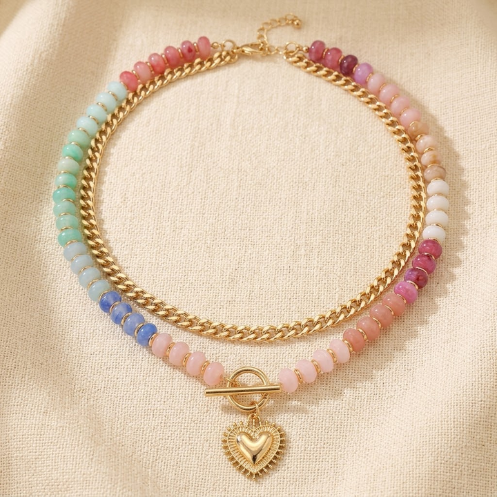 Lunavia™ – Pastel Bead Layered Necklace with Gold Heart**