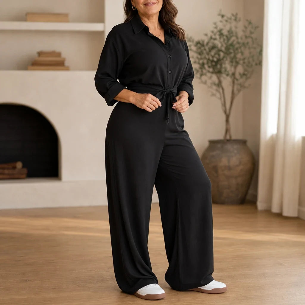 Silhouette – Collared Tie-Waist Wide-Leg Jumpsuit