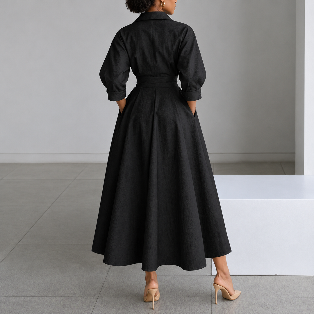 Everly Midi – Belted Long-Sleeve Collared Midi Dress