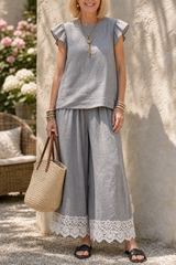 Linenza – Crochet-Hem Ruffle-Sleeve Two-Piece Set