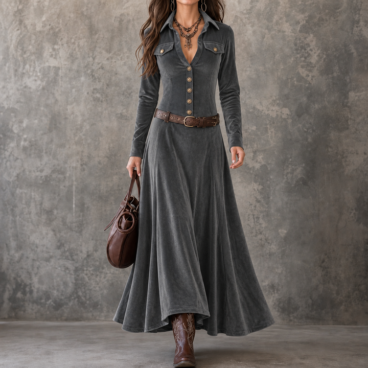 Vena – Button-Front Velvet-Look A-Line Maxi Dress