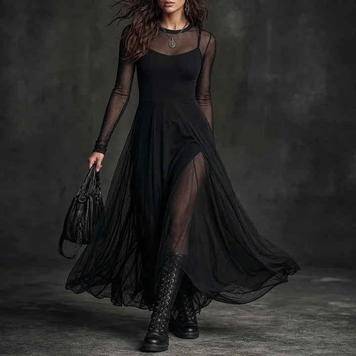 Noctelle – Tulle Patchwork Black Maxi Dress