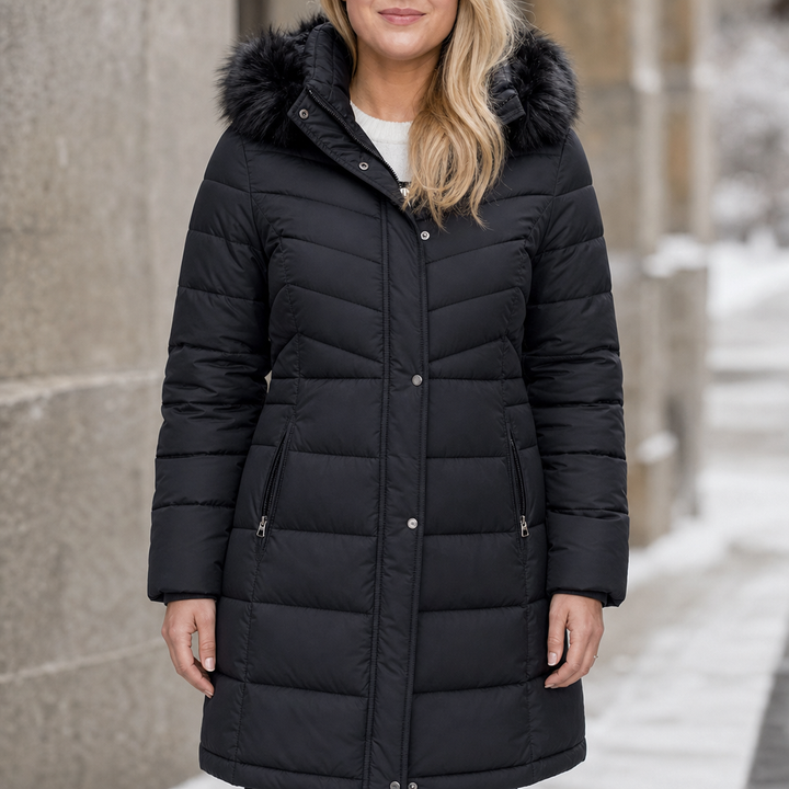 Chevronwarm – Longline Puffer Coat With Fur Hood