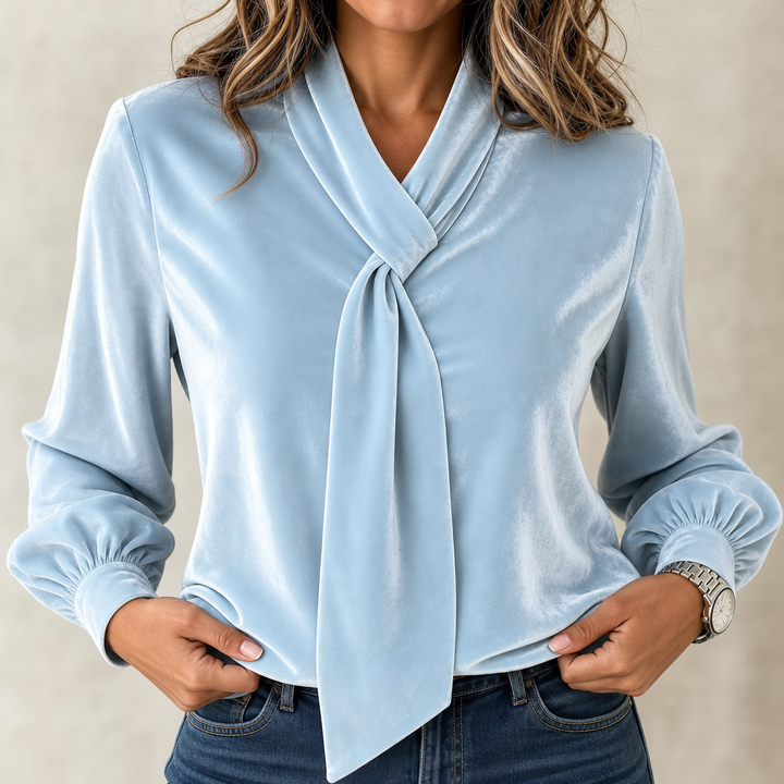 Veloura – Velvet Bow-Collar Long-Sleeve Top
