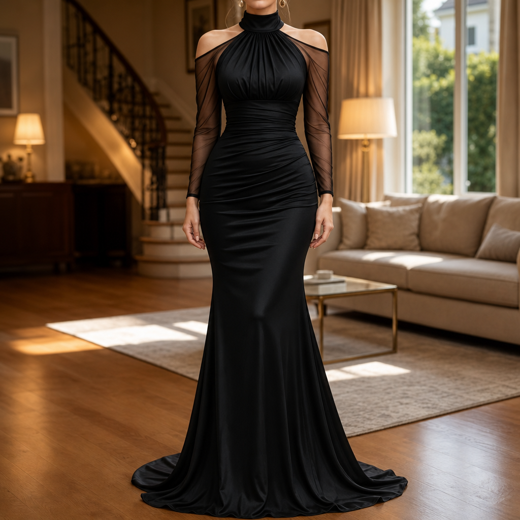 Elara – Cold-Shoulder Ruched Mermaid Evening Gown
