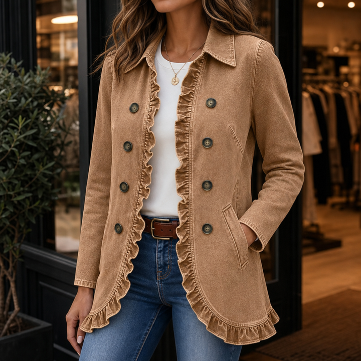 Ruffle & Row – Ruffle-Trim Button-Front Denim-Look Jacket