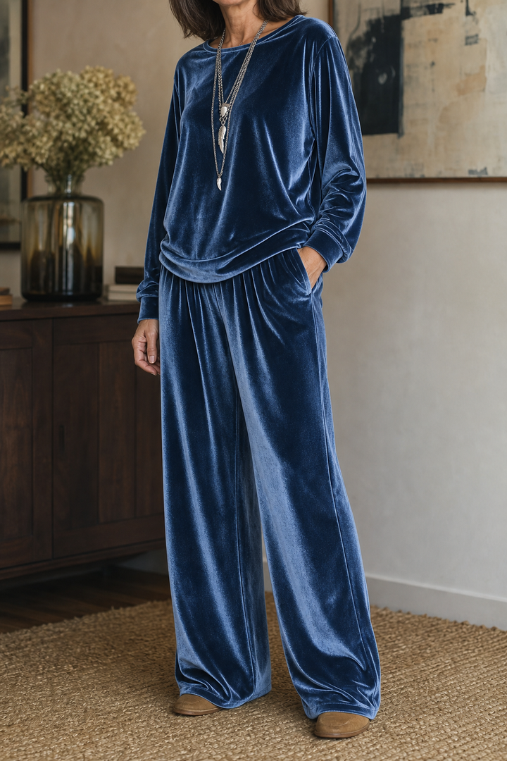 Duskvelor – Velvet-Look Wide-Leg Two-Piece Lounge Set