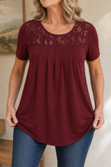 Wearbella – Floral Lace-Look Yoke Pleated Front Tee