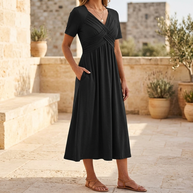 Veluna™ - Crossover V-Neck Midi Dress with Pockets