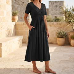 Veluna™ - Crossover V-Neck Midi Dress with Pockets