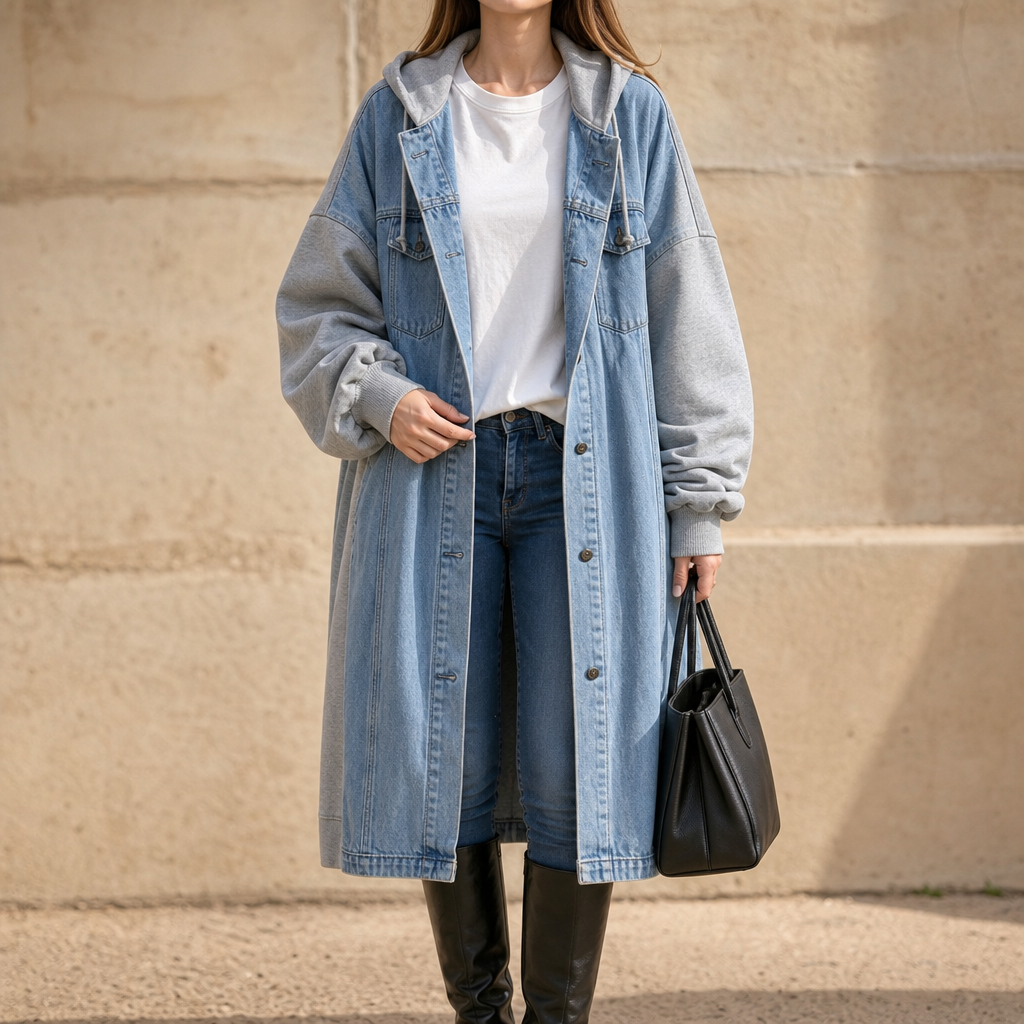 Denimova – Washed Denim-Look And Hooded Sweatshirt Jacket