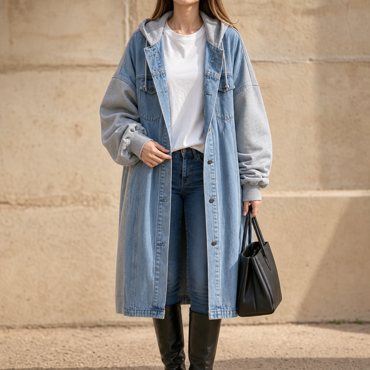 Denimova – Washed Denim-Look And Hooded Sweatshirt Jacket