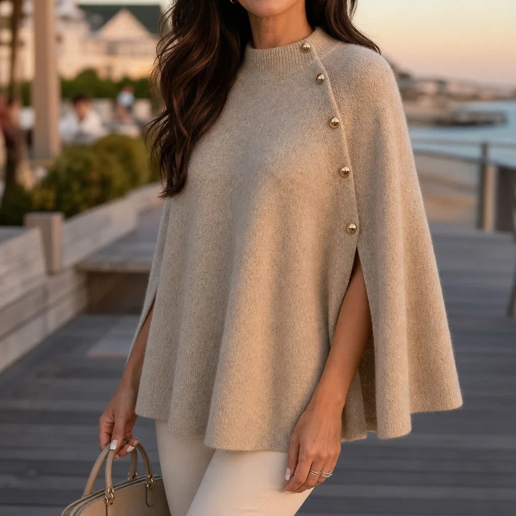 Velora – Button-Detail Side-Slit Knit Poncho Sweater