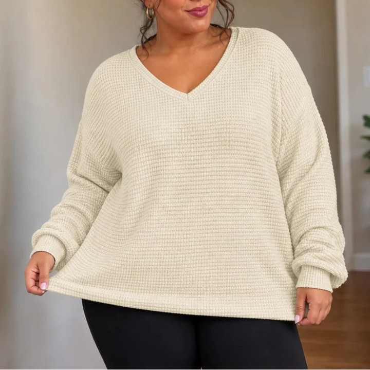 Vellune – V-Neck Waffle-Knit Long Sleeves Sweater