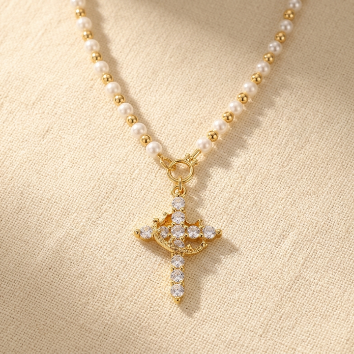 Crownara™ – Crown Cross Pearl Bead Necklace