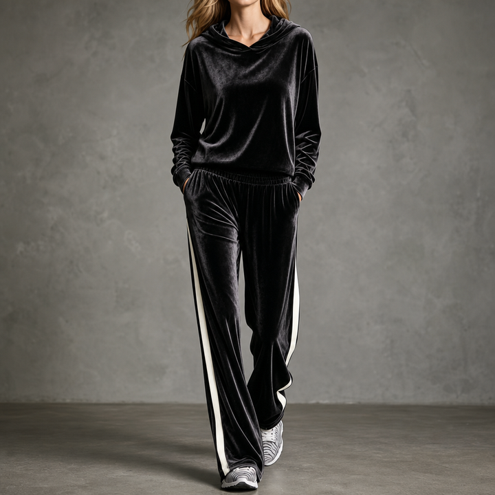 Velura – Contrast-Stripe Hooded Velour Tracksuit Set