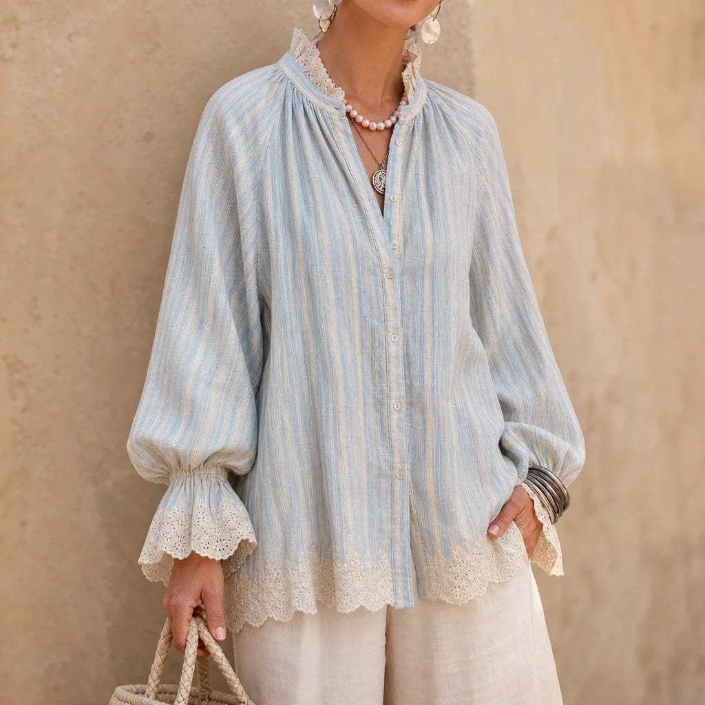 Lacey Lane – Striped Lace-Trim Linen-Blend Shirt