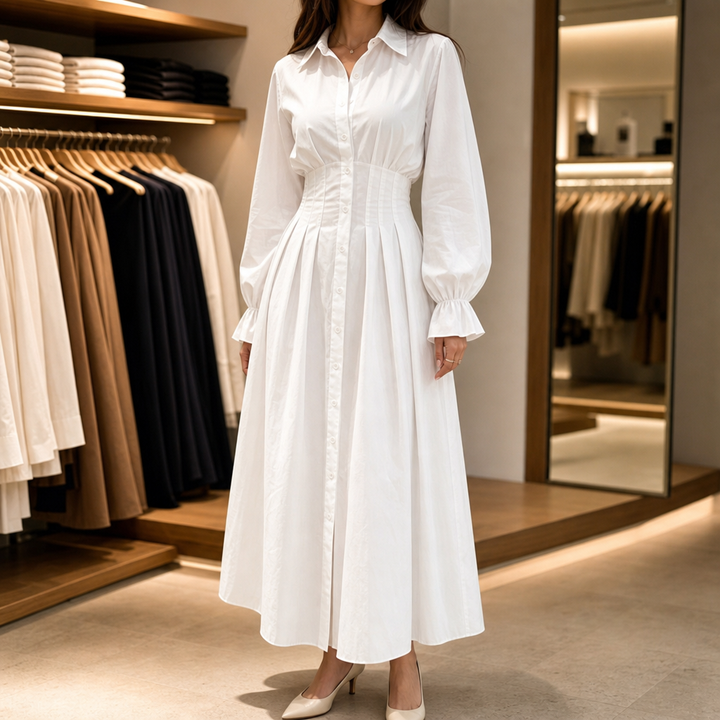 Wearbella – Pleated-Waist Belted Long-Sleeve Shirt Dress
