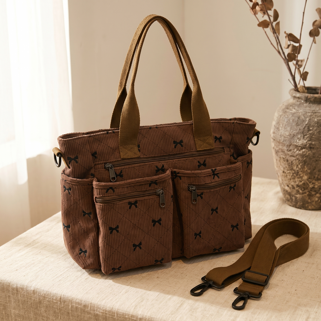Bowette™ - Corduroy Bow-Print Tote with Laptop Pocket
