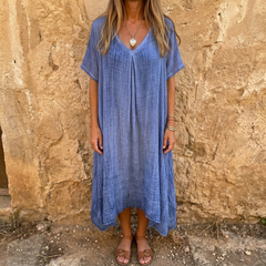 Linara™ – Breezy Cotton Linen V Neck Dress
