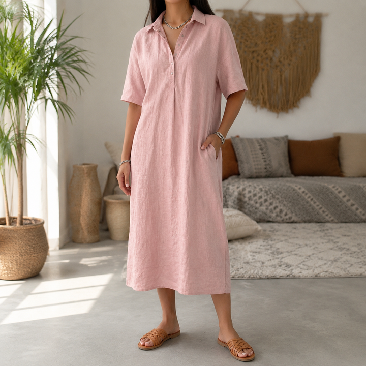 Lunavia™ – Linen Polo Midi Dress for Easy Everyday Style