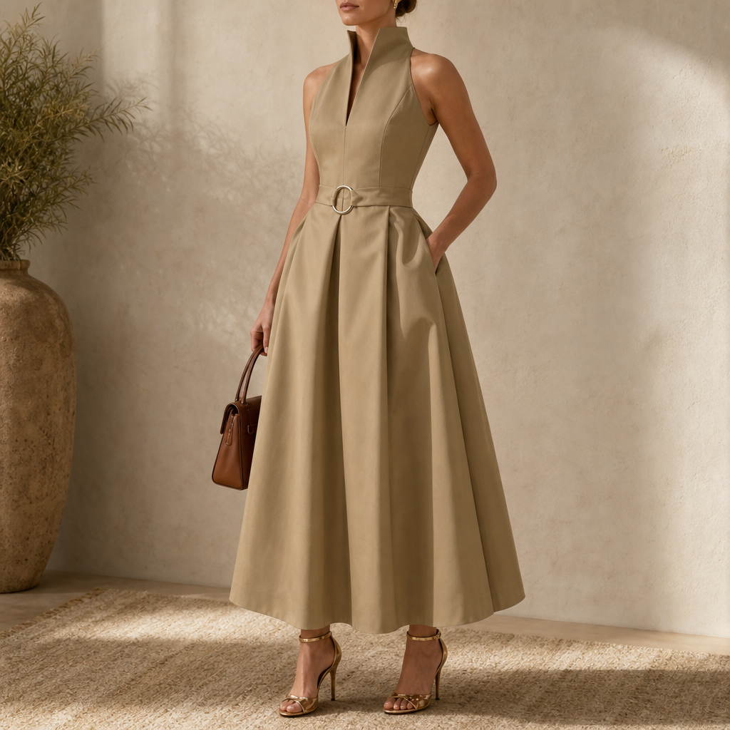 Elara Verona – Zip-Neck Stand Collar Fit-And-Flare Midi Dress