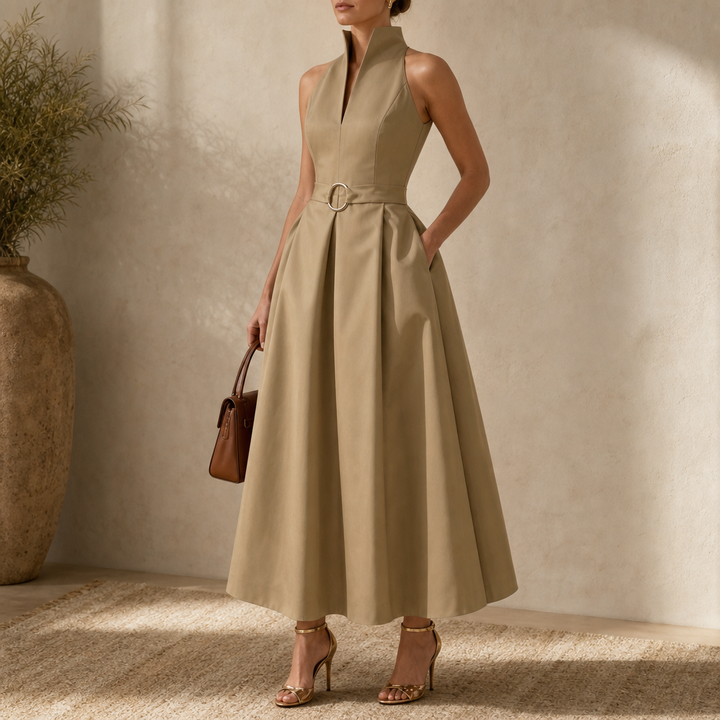 Elara Verona – Zip-Neck Stand Collar Fit-And-Flare Midi Dress