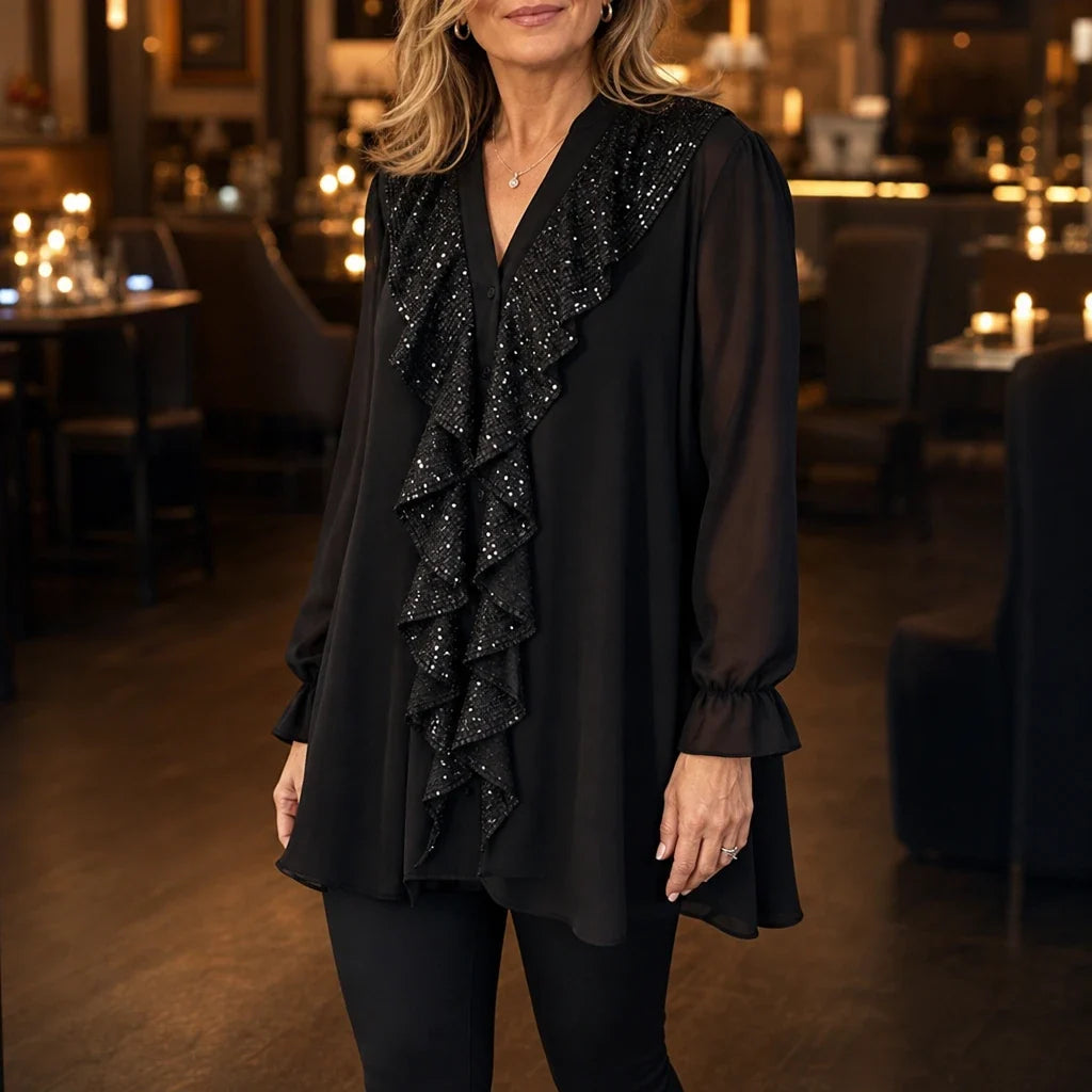 Vellora – Sequin Ruffle V-Neck Blouse