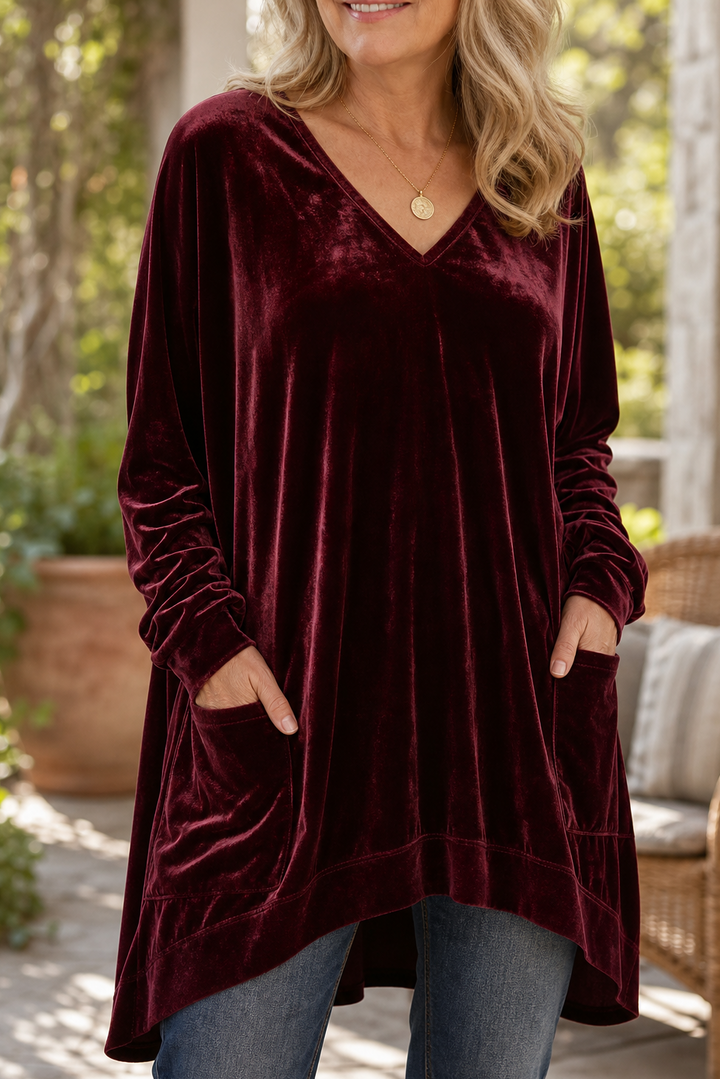 Velveau – Oversized Pocketed V-Neck Velvet Look Tunic