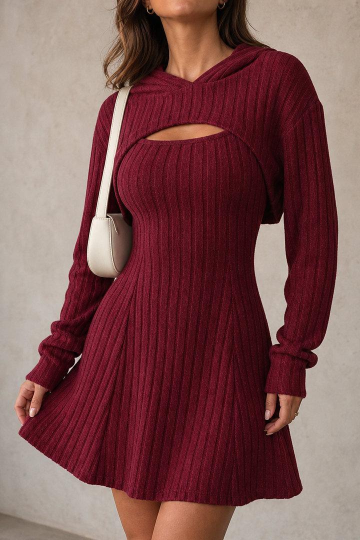 Rivienne – Hooded Bolero And Ribbed Mini Dress Set