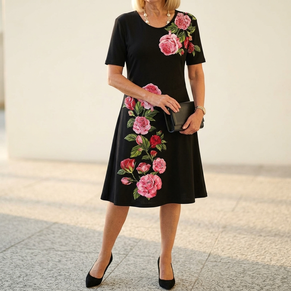 Rosalia™ – Elegant Rose Print A Line Dress